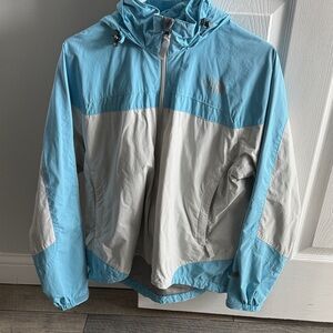 The North Face Sky Blue and Light Gray Colorblock Hooded Jacket